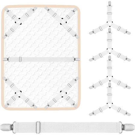 Lakenstrammere, 4+1 sett, 1 rett lakenstrammer for midten av madrassen og 4 trekantede lakenklemmer for hjørner, justerbar elastisk