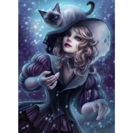 Diamond Painting 5d Diy Diamant Målning Elf Tjej Och Katt 50x70cm