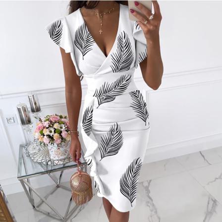 Sexig V-ringad Slim Office Damklänning Volang Kortärmad Bodycon