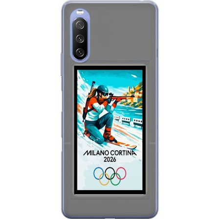 Yhteensopiva Puhelinkuori Sony Xperia 10 III Lite Retrojuliste Cortina Milano 2026 vuorilla, talviurheilijoilla, italiankoloreilla, Milanon tuomiokirk