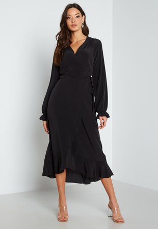 John Zack Long Sleeve Wrap Frill Dress Black Klær