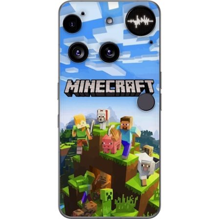 Nothing Phone (3) Gjennomsiktig deksel Minecraft eventyrklippe med Steve, Alex, dyr og mobs i klassisk blokkstil der hele verden samles i et levende o