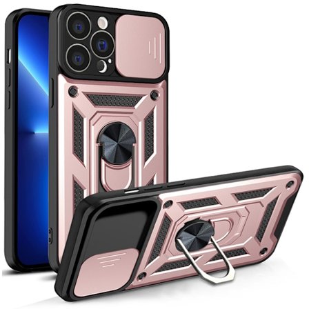 Roséguld iPhone 13 pro max skal med glidande kamerahölje och stativ, inbyggd 360° roterande ringhållare magnetiskt skal för iPhone 12 / 13