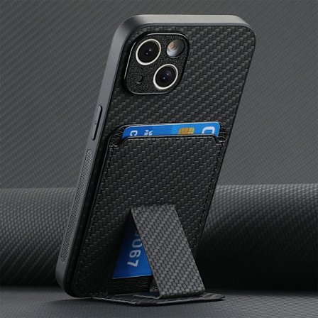 Fodral för iPhone16promax svart multi-vinkel fäste kolfibertextur kortplats hud fin hål p