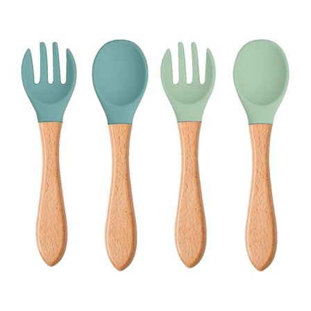 4 stk. Træskaft Silikone Ske Gaffel Baby Børn Gaffel Ske Silikone Gaffel Ske Langt Skaft Gaffel Ske