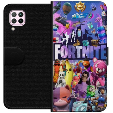 Huawei P40 lite Lompakkokotelo Fortnite kollaasi, jossa on ikonisia hahmoja, skinejä, Victory Royale ja vahvoja värejä, jotka luovat energisen ja t