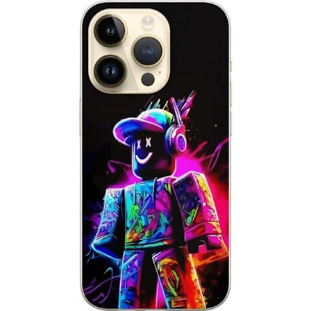 Kompatibelt Mobildeksel til Apple iPhone 14 Pro Fargerik Roblox-spiller i neonfarger mot svart bakgrunn i moderne spillstil