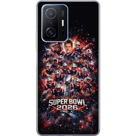 Yhteensopiva Puhelinkuori Xiaomi 11T Super Bowl 2026 juliste, jossa New England Patriots ja NFL-mestaruuspalkinto räjähtävän urheilullisessa suunnitte