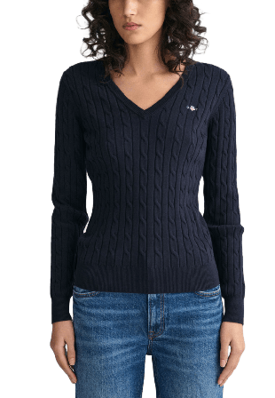 GANT Stretch Cotton Cable Knit V-Neck Sweater Stickat Dam Blå L