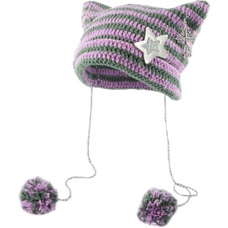 Kat Hue Sød Hæklet Kat Hue Med Sølv Stjerne Hårnål Vintage Tilbehør Håndlavet Grunge Strikket Hat