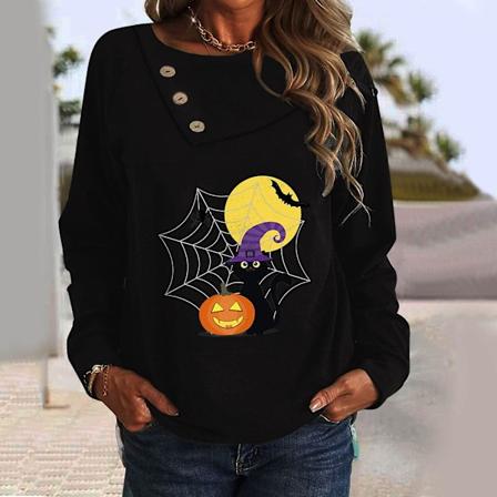 Halloween-kostymer for kvinner, casual ermer, Halloween-trykt, rund hals, genser, topp, bluse F