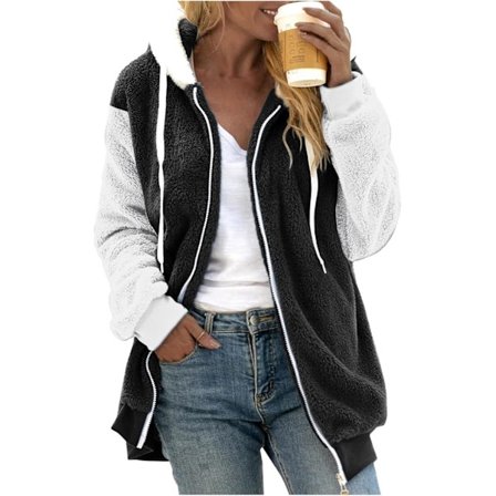 Hettejakke Dame Teddy Fleece Frakk Overgangsjakke med Hette med Lommer Glidelås Høst Vinter Plysj Jakke Fleece Jakke Vinter