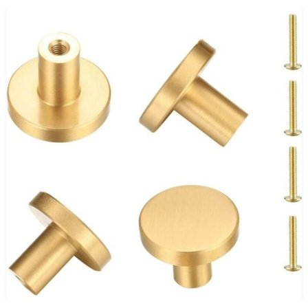 Runda solida dörrknoppar i mässing, möbelknoppar, knoppar låda skåp skåp byrå kök, enkelhålshandtag i guld - 4 stycken (25 x 20 mm)