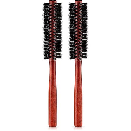 Liten rund hårbørste Mini rund villsvinbørste skjeggbørste, styling hårbørste rulle villsvinbørste for tynt hår, fint hår, krølling (2 stk, brun)