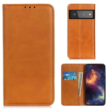 Google Pixel 6 Pro flip etui i ægte læder med pung – Brun Brown