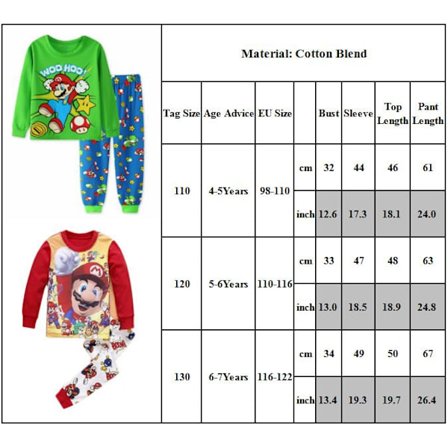 2-osainen lasten pyjama Super Mario pitkähihainen paita-setti yöasu