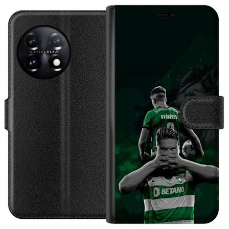 Yhteensopiva Lompakkokotelo OnePlus 11 Neonmotiivi, jossa teksti "Gaming is in my DNA" sinisenä ja punaisena tiiliseinällä, jossa loistava DNA-spiraal