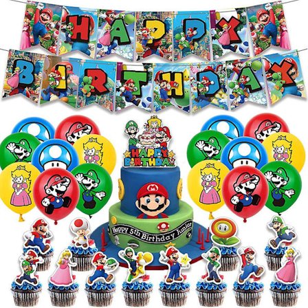 Mario Tema Fødselsdagsfestartikler Fødselsdagsfest Dekoration Inkluderer Fødselsdagsbannere Kage Cupcake Toppers Ballonsæt