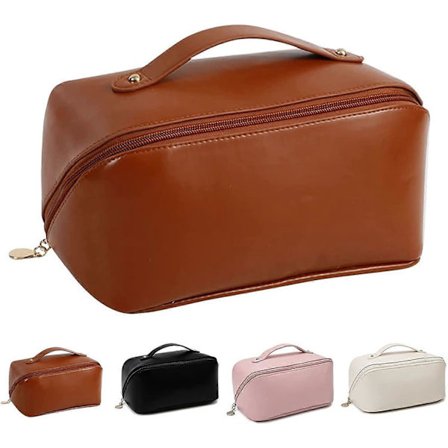 Bærbar Toilet Taske Stor Kapacitet Rejse Kosmetiktaske Kvinder, Makeup Tasker Vandtæt Læder med Håndtag og Ruminddeling (Brun)