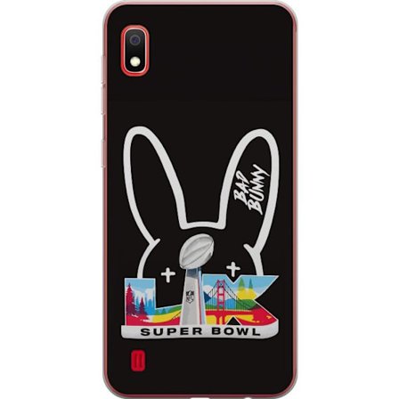 Kompatibelt Mobildeksel til Samsung Galaxy A10 Bad Bunny portrett med åpen skjorte, tatoveringer og krøllete hår i stilfull motefotografering