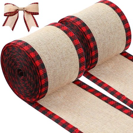 2 kpl, Lahjapaketointinauhat - Jouluinen metallireunainen ruutunauharulla - 6 cm x 6 m (Punainen ja Musta)