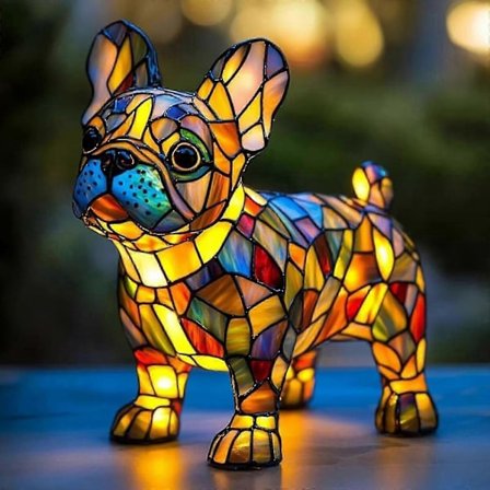 Bordlampe med farvet glas hund - Fransk bulldog natlampe i resin med LED til Corgi-elskeres boligindretning
