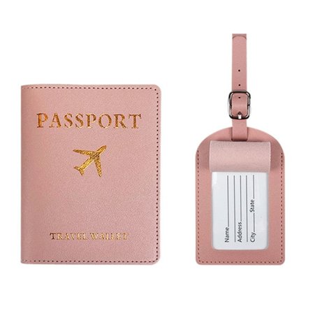 Enkel Pasbeskytter og Bagage Tag Læder Rejsetilbehør Sæt Pink Pas&tag