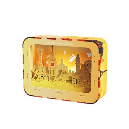 Puslespil natlampe, med en europæisk solnedgangsscene, drevet af AAA-batterier.