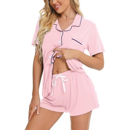 Pyjamasset för Kvinnor Kortärmad Nattkläder Dam Knäppning Nattkläder PJ-set med Ficka L