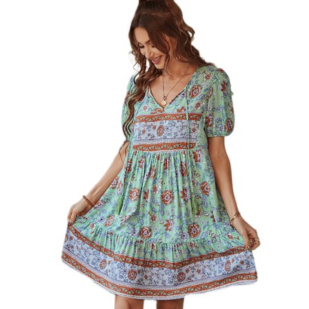 Kvinners Boho Print Kjole Bohemian Vintage Blomstertrykte Kjoler Etnisk Stil Strandkjole Lang Ermet Tilfeldig Kjole(Grønn S)