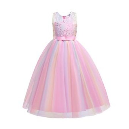 Tyttöjen Kukka Pitsi Morsiusneito Mekko Pitkät Hääjuhlapuvut Tyllihame(140 Väri Pinkki)