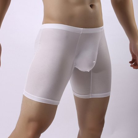 Vita L-storlek sexiga boxershorts i issilke för män med konvex ficka, boxershorts, långa byxor, underkläder
