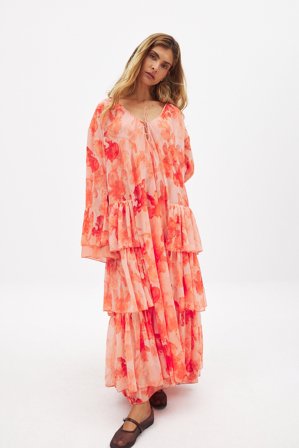 NA-KD Chiffon Ruffle Long Sleeve Kaftan - Kaftaner - Orange/Blomstret - EU 34