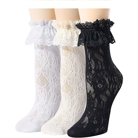 Blondestrømper med flæser til kvinder, blondestrømper, ankelhøje