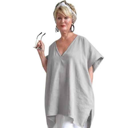 Oversized Linne Blus Skjorta Lös V-ringad Toppar Tee Casual Summe