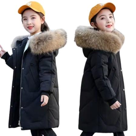 Flickor Temperament Cotton Coat Vinter Vindtät Varm Förtjockad Hårkrage Mellanlång Bomullsjacka black 160cm