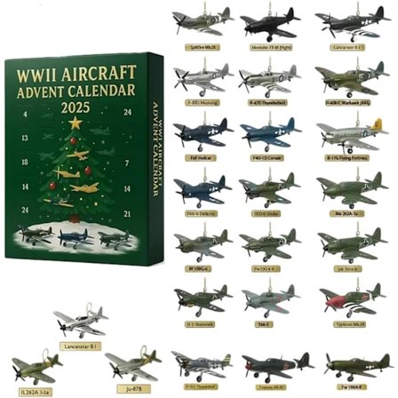 2025 WWII Fly Advent Kalender, 2025 Jule Nedtællingskalender med 24 Jagerfly Charms