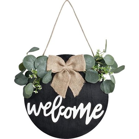 (Svart) Välkommensskylt för ytterdörr, rund hängande välkomstskylt i trä, rustika välkomstkransar för bondgårdens verandadekoration dörrdekorationer
