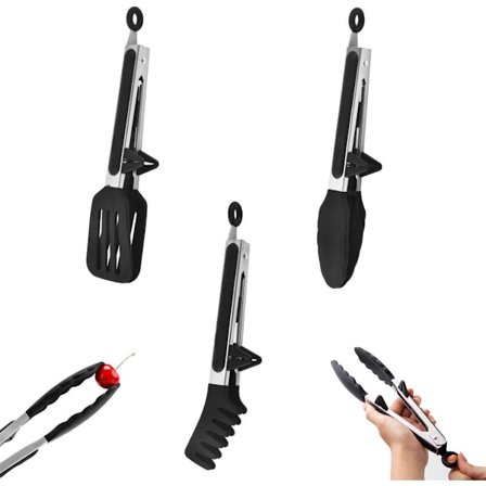 Køkkentænger i rustfrit stål, sæt med 3 med silikone - Grill- og salattænger - Kompatible med asparges, pasta, spaghetti - Sort