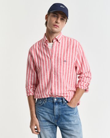 GANT Herren Regular Fit Hemd mit Streifen aus Baumwolle und Leinen (L) Rot