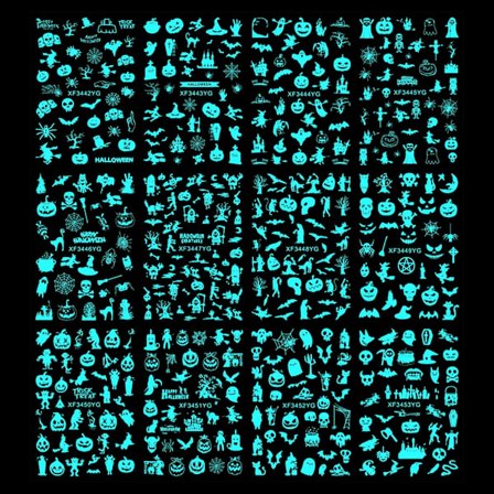 Fluorescerende klistremerker som lyser i mørket, selvlysende Halloween-negleklistremerke, 12 ark