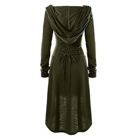 Retro Womens Solid Renaissance Medieval Costume Gothic Long Sleeve Lace Up Hooded Dress -a