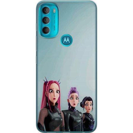 Kompatibel Mobilcover til Motorola Motorola Moto G71 5G Tre animerede kvinder med farverigt hår i futuristisk stil og overraskede udtryk