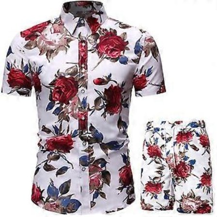 Herre Hawaiiskjorte og shorts sett 2 deler knapp ned blomstrete stranddress tropiske antrekk (2XL Hvit)