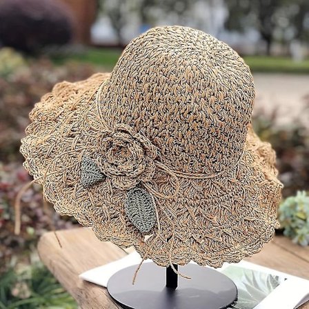 Elegant Hæklet Stråhat med Flæsedetalje Dame Sommer Strand Stråhat