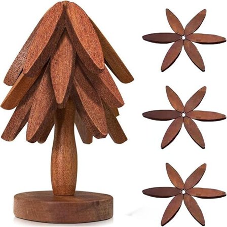 Träunderlägg för Varma Rätter, 3 Träunderlägg + 1 Ställ Förvaras Som Ett Julgran, Bokträunderlägg för Varma Grytor, Pannor, Skålar, Tekannor, Sapele