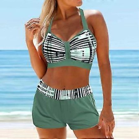 Dame Badetøj Bikini 2 Dele Badedragt Rygløs Halter Beach Wear Blå Broderede Bølger Print Bade Dragter (2XL grøn)