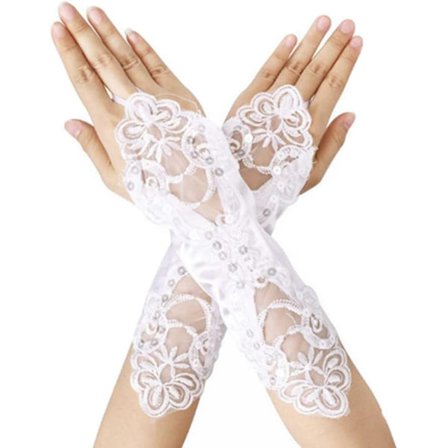 (Hvit) 1 par fingerløse brudehansker i sateng, blonder og paljetter