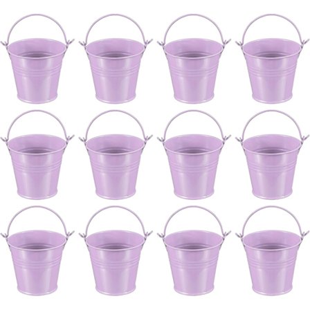 12 stk. 6,9 x 5,8 cm Små metalspande med håndtag, Mini galvaniseret spand Farverige påskespande, lys lilla