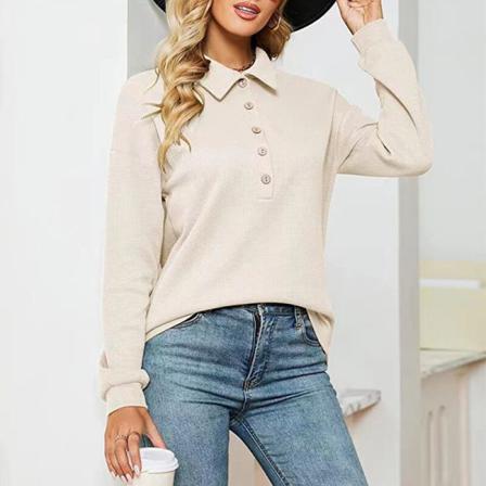 Dam Waffle Långärmad Lapel Neck Tee Enfärgad Pullover